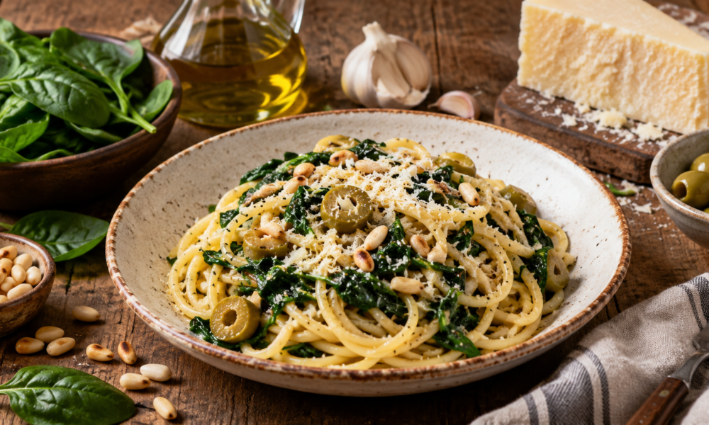 Spaghetti con spinaci, pinoli e pecorino