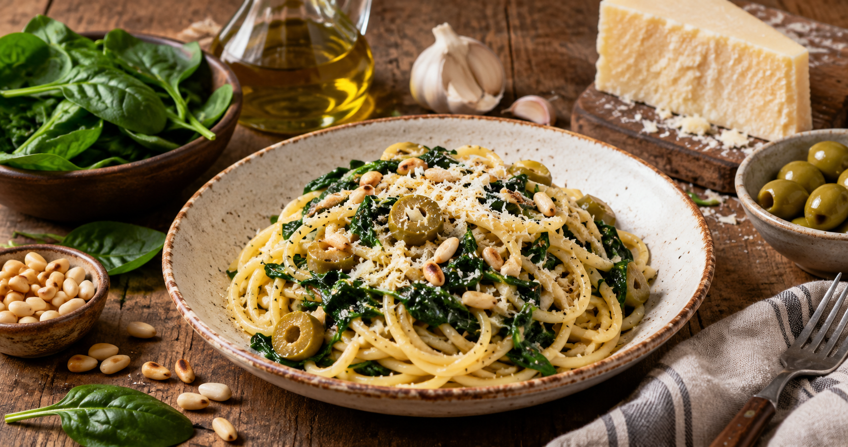 Spaghetti con spinaci, pinoli e pecorino