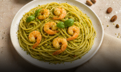 Pasta con pesto di pistacchi e gamberetti