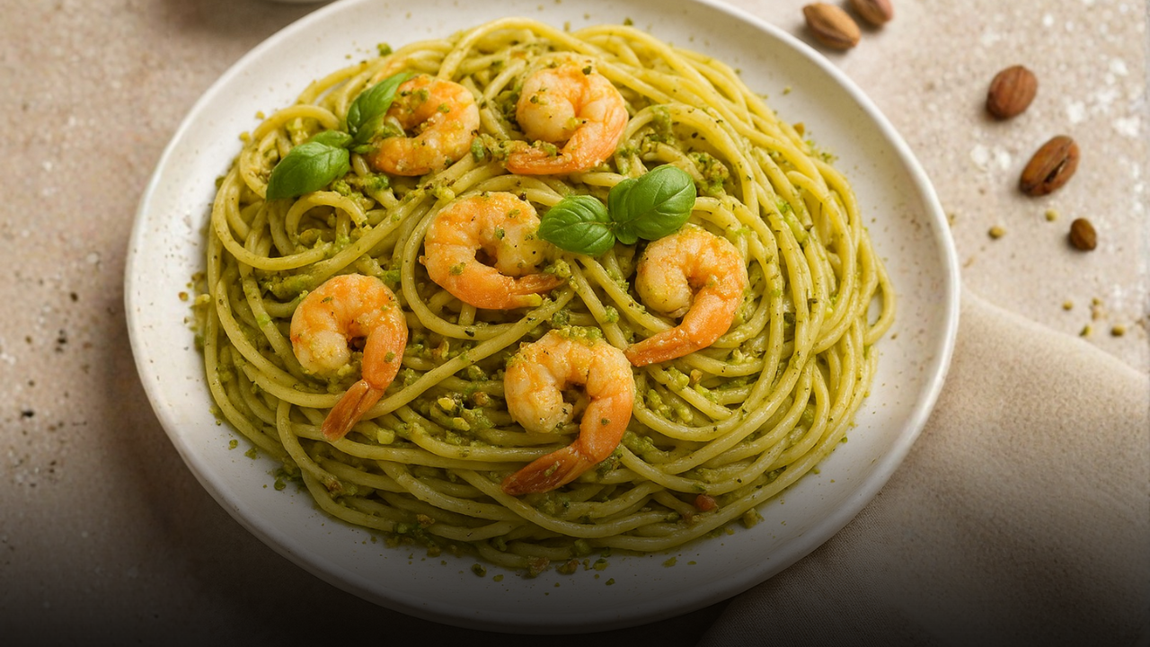 Pasta con pesto di pistacchi e gamberetti